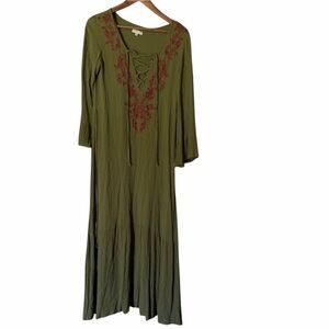 🍃EARTHBOUND Olive Green Dress with Red Embroidery  | Lace Up | Peasant